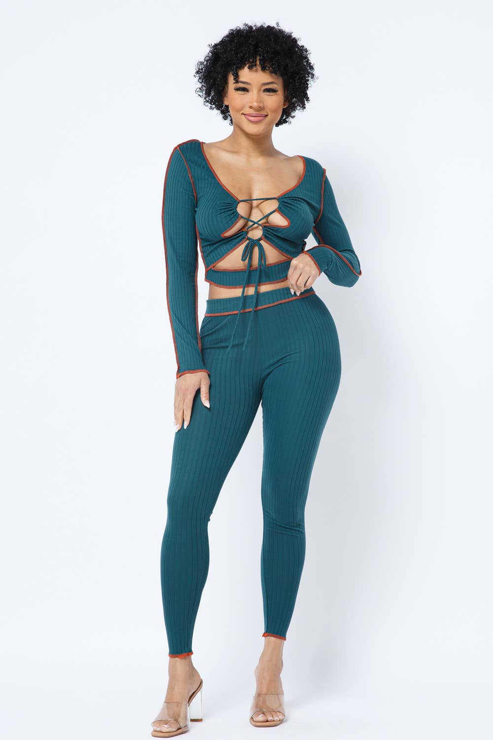 Rib Open Front Tie Outstitch Top Leggings Set