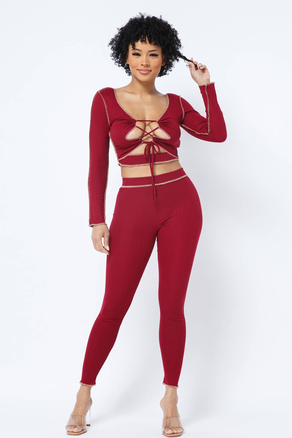 Rib Open Front Tie Outstitch Top Leggings Set