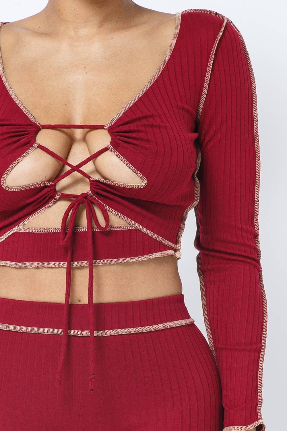 Rib Open Front Tie Outstitch Top Leggings Set
