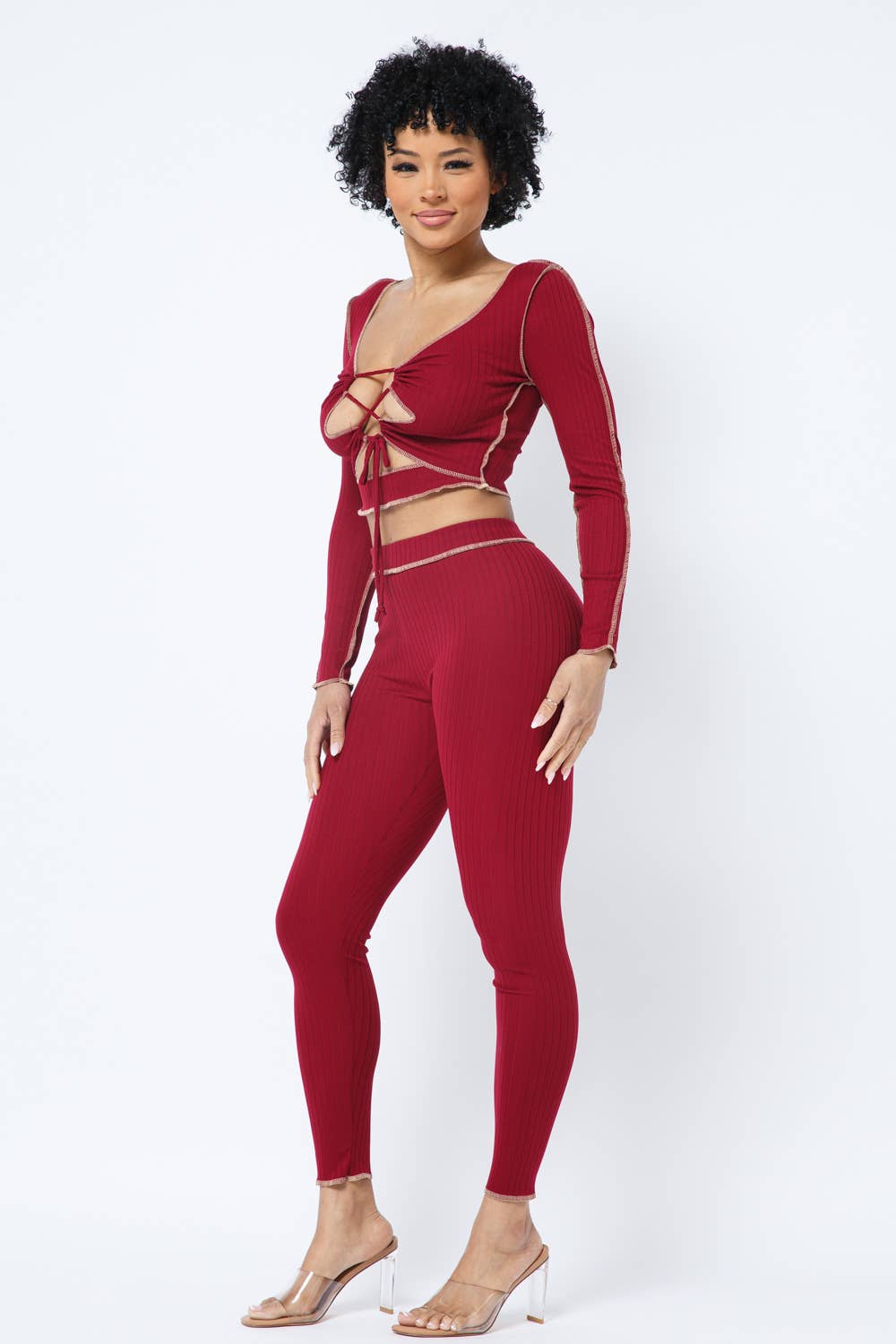 Rib Open Front Tie Outstitch Top Leggings Set