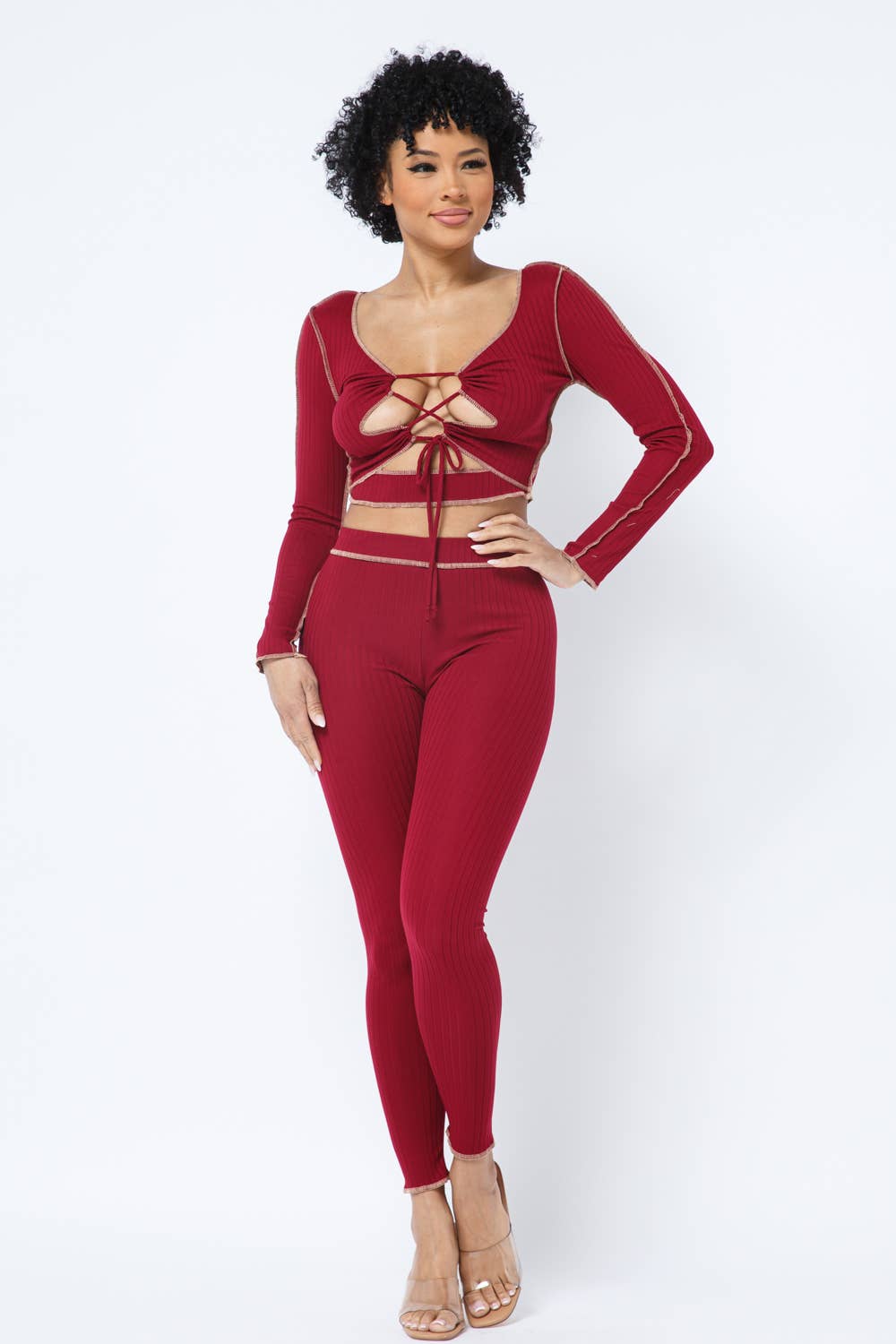 Rib Open Front Tie Outstitch Top Leggings Set