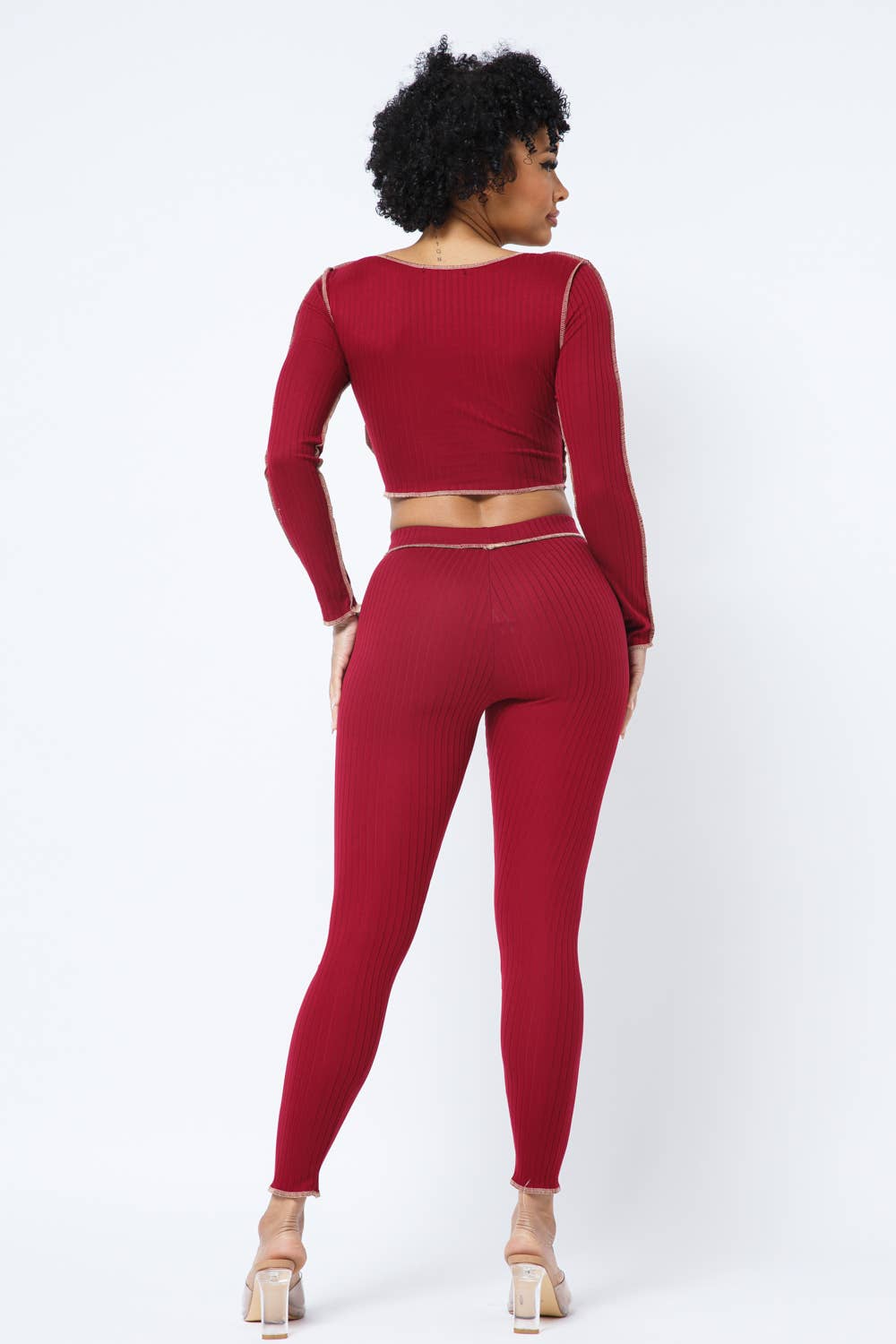 Rib Open Front Tie Outstitch Top Leggings Set