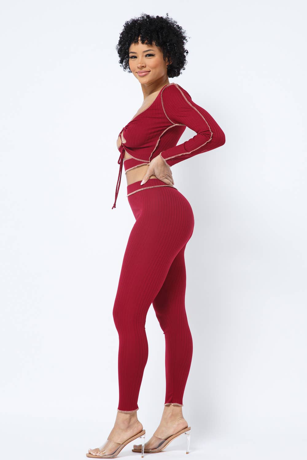 Rib Open Front Tie Outstitch Top Leggings Set