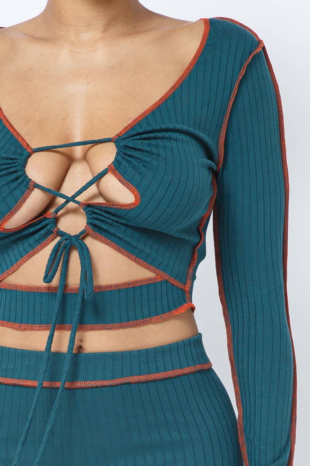 Rib Open Front Tie Outstitch Top Leggings Set