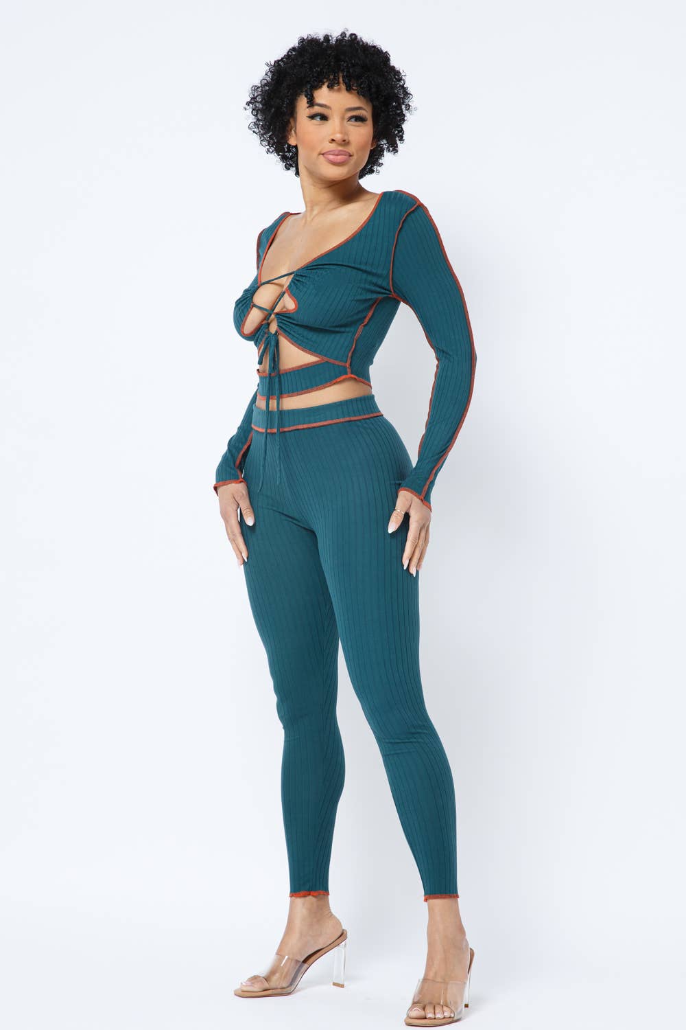 Rib Open Front Tie Outstitch Top Leggings Set