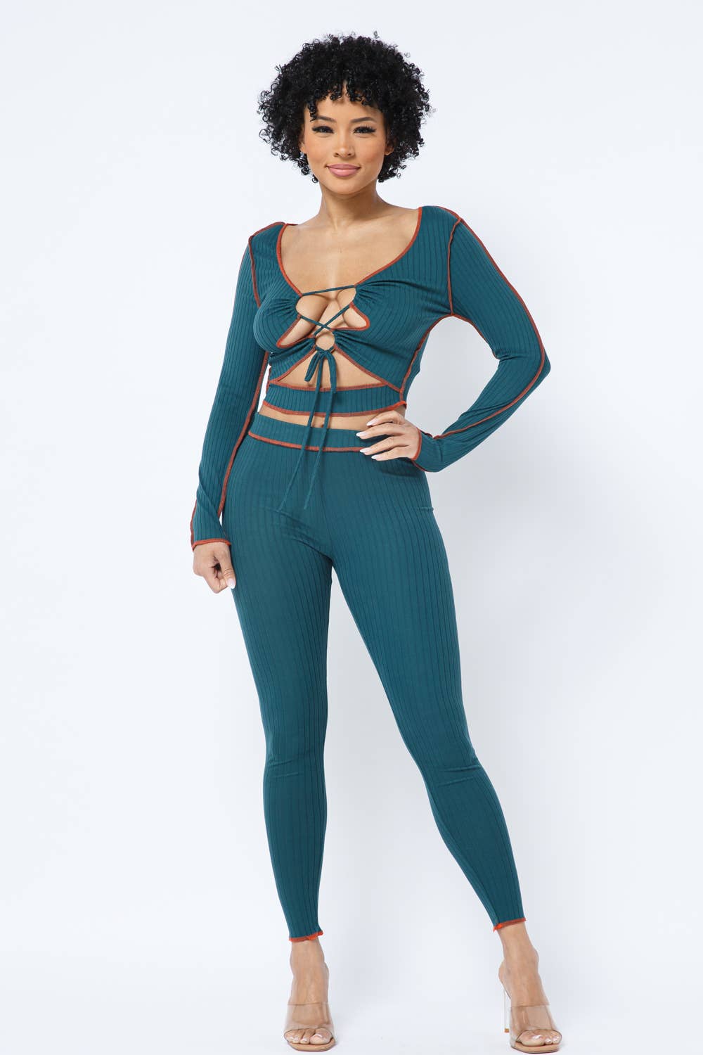 Rib Open Front Tie Outstitch Top Leggings Set