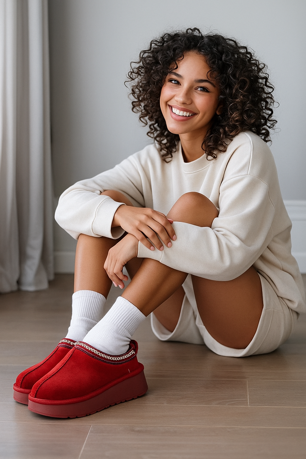 Women's Fuzzy Slippers Genuine Suede Short Ankle Fur Lined Cozy Red