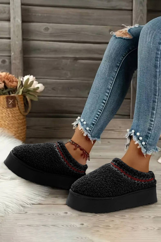 Embroidered Sherpa Plush Thick Sole Winter Slippers